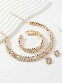 Shein - 4pcs/Set Elegant Rhinestone Gold Plated Round Collar Necklace Set