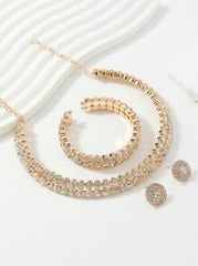 Shein - 4pcs/Set Elegant Rhinestone Gold Plated Round Collar Necklace Set
