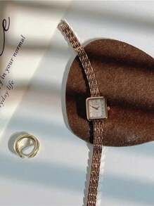 Shein - 1pc Vintage Luxury Small Dial Square Bracelet Watch, Women's Coffee Brown Fashionable High-Value Thin Strap Chain Style Watch
