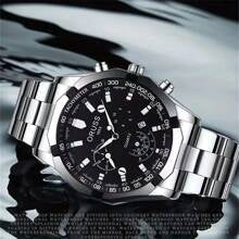 Shein - 1pc Fashionable Men's Stainless Steel Calendar Large Dial Waterproof
