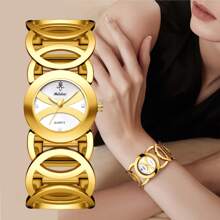 Shein - 1pc Luxury Gold Women's Crystal Diamond Bracelet Watch, Hollow Strap Waterproof Business Dress Watch Silver