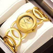 Shein - 1pc Luxury Gold Women's Crystal Diamond Bracelet Watch, Hollow Strap Waterproof Business Dress Watch Gold