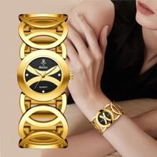 Shein - 1pc Luxury Gold Women's Crystal Diamond Bracelet Watch, Hollow Strap Waterproof Business Dress Watch Black