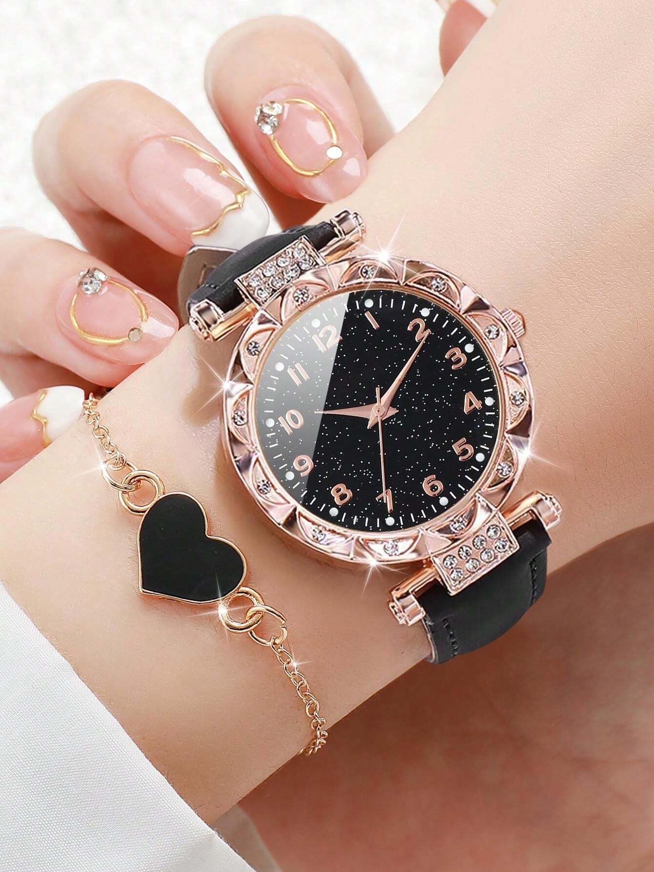 Shein - Women's Fashionable And Simple Quartz Wristwatch With Diamond-Studded Digital Dial + Heart Bracelet (4pcs/Set)