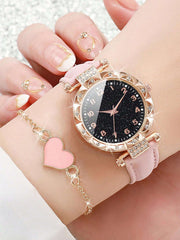 Shein - Women's Fashionable And Simple Quartz Wristwatch With Diamond-Studded Digital Dial + Heart Bracelet (4pcs/Set)