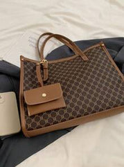 Shein - Geometric Pattern Contrast Binding Shoulder Tote Bag With Coin Purse Large-Capacity Retro Tote Bag