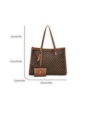 Shein - Geometric Pattern Contrast Binding Shoulder Tote Bag With Coin Purse Large-Capacity Retro Tote Bag