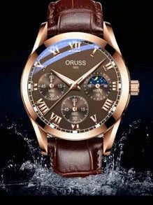 Shein - New Men's Top Brand Luxury Brown Leather Casual Quartz Watch, Waterproof Sports Watch For Men