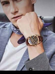 Shein - New Men's Top Brand Luxury Brown Leather Casual Quartz Watch, Waterproof Sports Watch For Men
