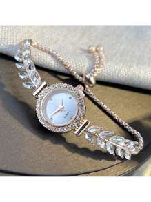 Shein - Fashionable Rhinestone Inlaid Leaf & Round Shaped Women's Watch