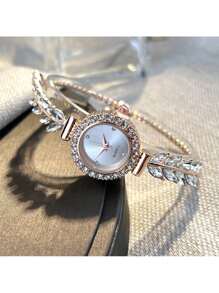 Shein - Fashionable Rhinestone Inlaid Leaf & Round Shaped Women's Watch