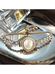 Shein - Fashionable Rhinestone Inlaid Leaf & Round Shaped Women's Watch