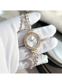 Shein - Fashionable Rhinestone Inlaid Leaf & Round Shaped Women's Watch