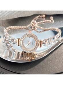 Shein - Fashionable Rhinestone Inlaid Leaf & Round Shaped Women's Watch