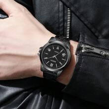 Shein - 1pc Men's Stainless Steel Strap Fashion Business Quartz Watch, With Roman Numerals