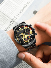 Shein - 1pc Men Watch Stainless Steel Button Steel Luminous Strap Fashionable Round Dial Quartz Watch