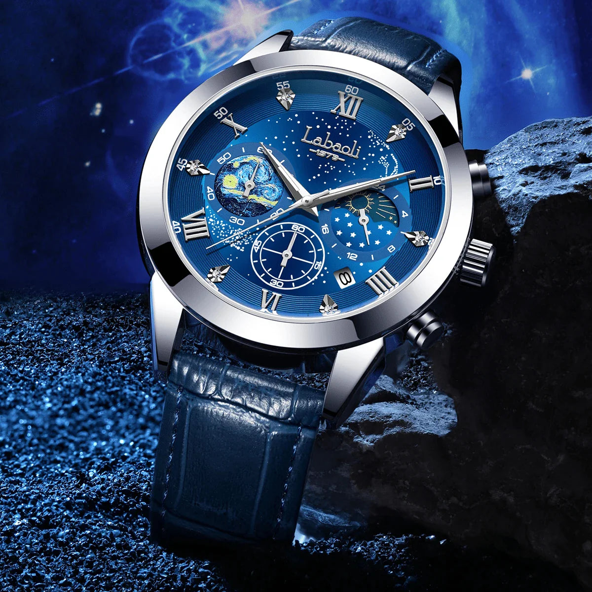 Shein - 1pc Men's Silver Tone Case Multi-Color Dial Genuine Leather Band Roman Numeral Rhinestone Quartz Watch
