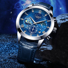 Shein - 1pc Men's Silver Tone Case Multi-Color Dial Genuine Leather Band Roman Numeral Rhinestone Quartz Watch