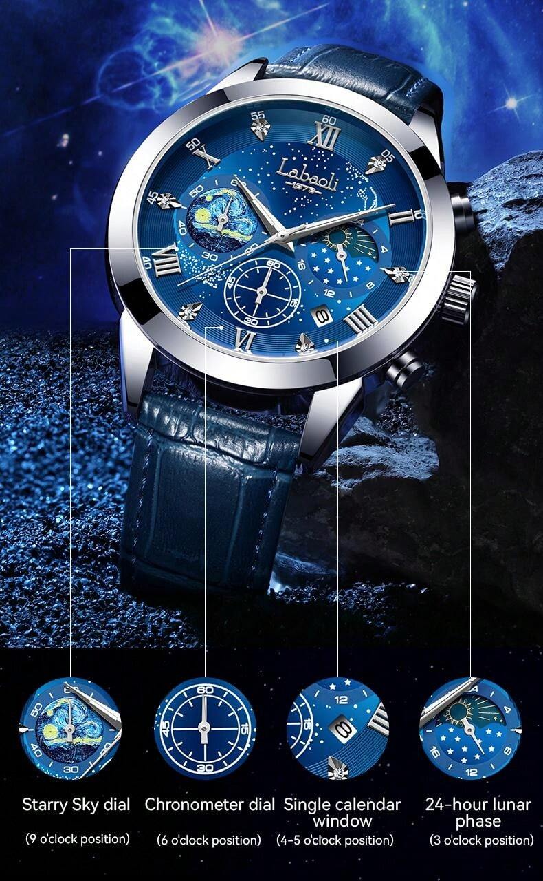 Shein - 1pc Men's Silver Tone Case Multi-Color Dial Genuine Leather Band Roman Numeral Rhinestone Quartz Watch
