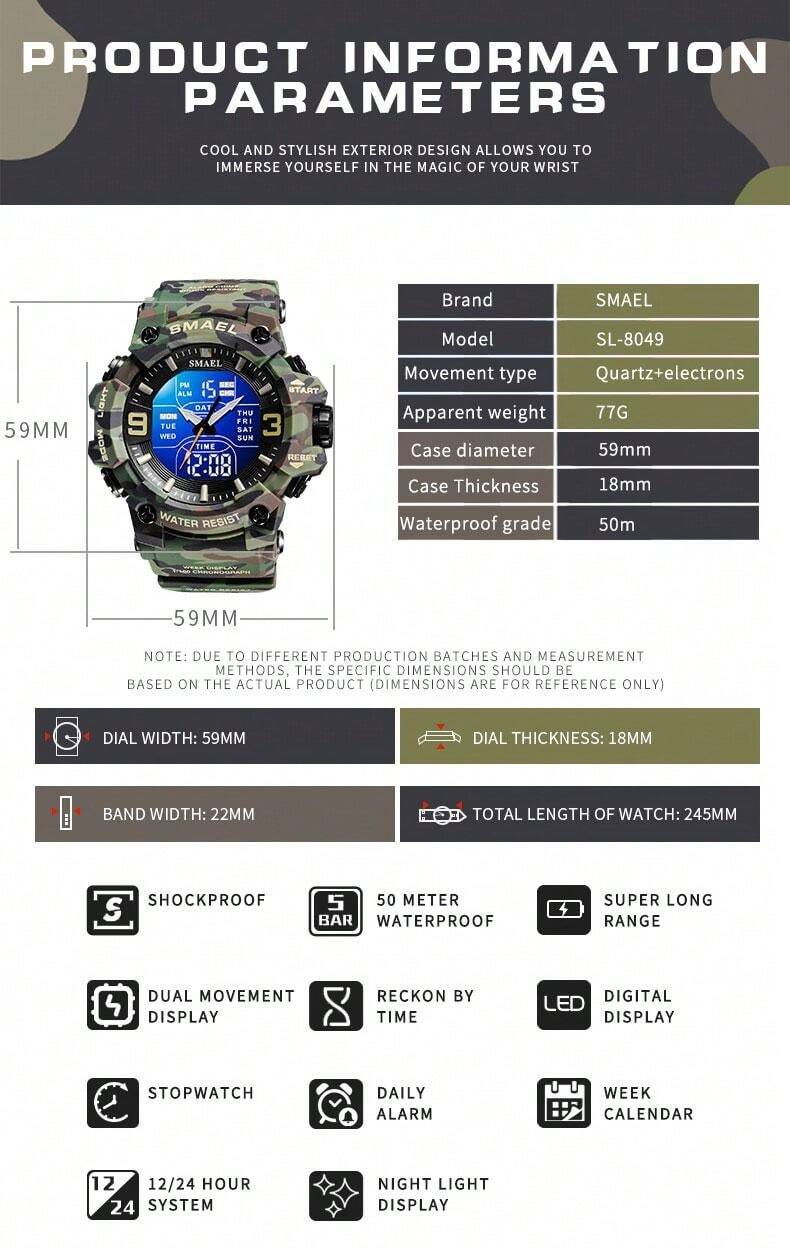 Shein - 50m Waterproof Camo Military Men Sport Watch