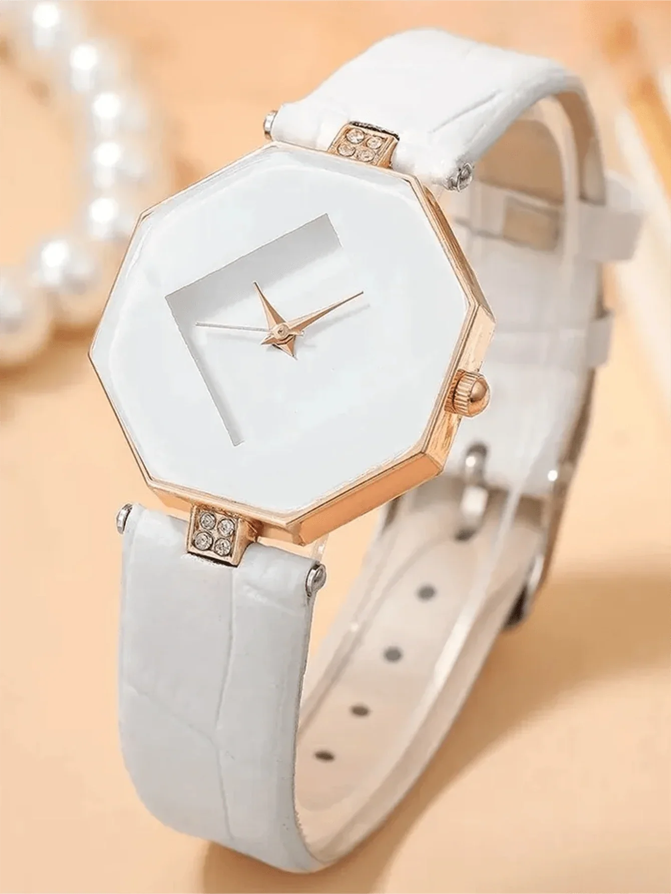 Shein - 2pcs White Minimalist Women Quartz Watch With Crystal Pearls & Asymmetrical Bracelet Set