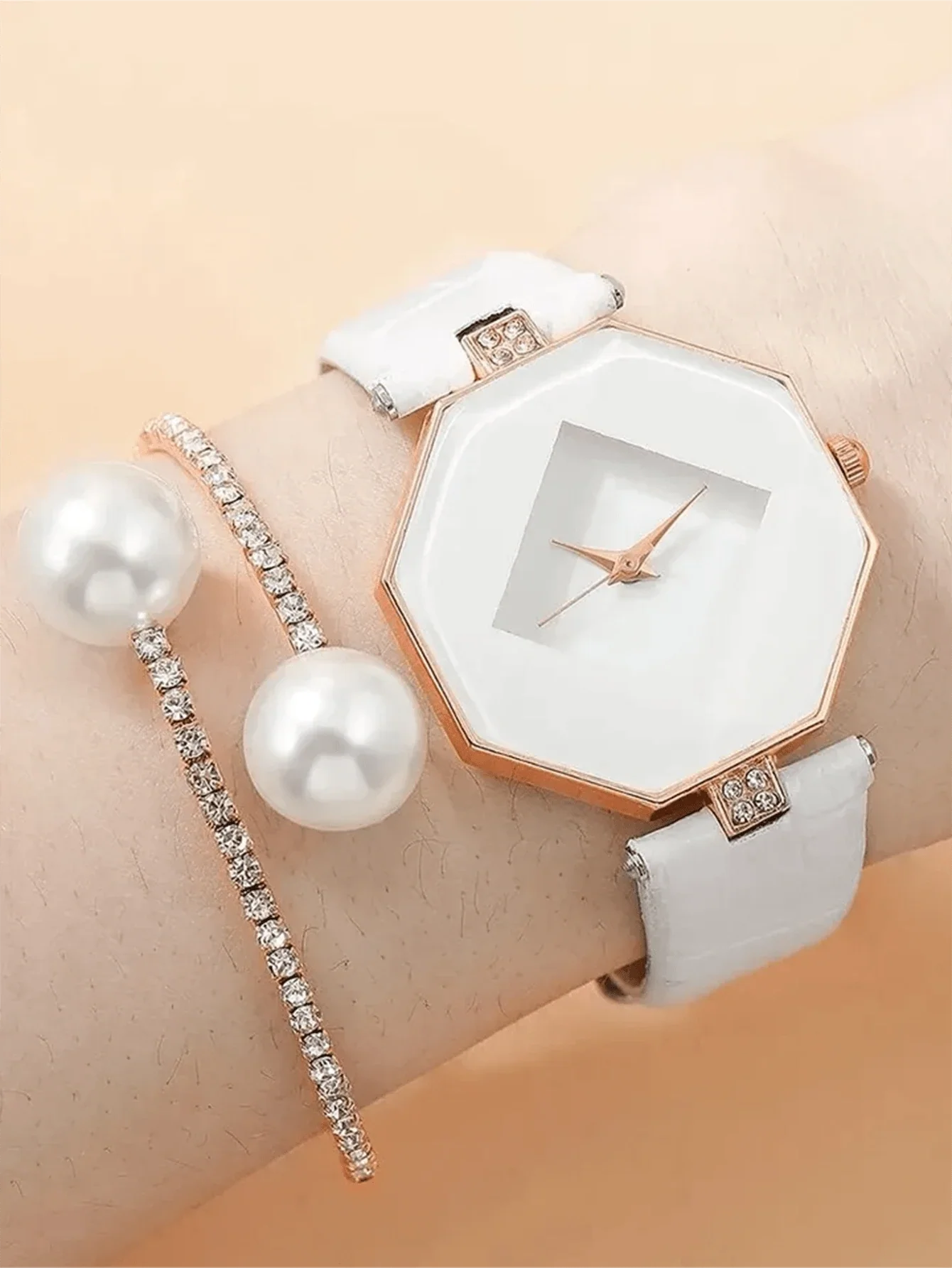 Shein - 2pcs White Minimalist Women Quartz Watch With Crystal Pearls & Asymmetrical Bracelet Set