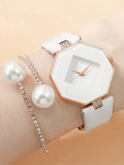 Shein - 2pcs White Minimalist Women Quartz Watch With Crystal Pearls & Asymmetrical Bracelet Set