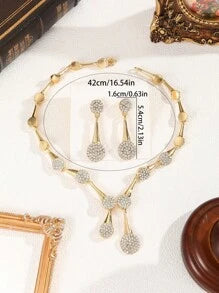 Shein - 3pcs/Set Gold-Tone Rhinestone Embellished Round Earrings & Necklace