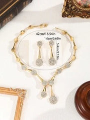 Shein - 3pcs/Set Gold-Tone Rhinestone Embellished Round Earrings & Necklace