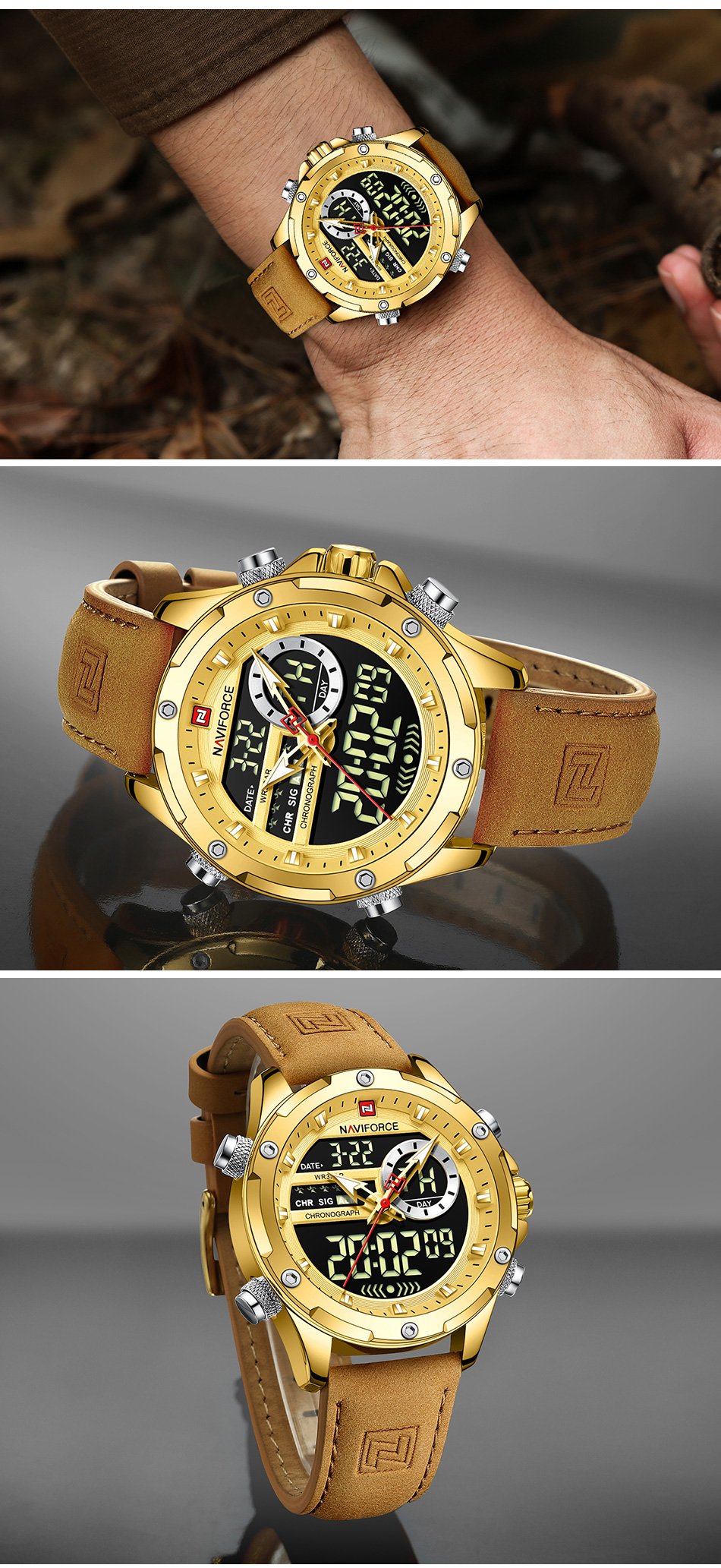 Naviforce - Dual Time Exclusive Collection NF-9208 - Gold Brown