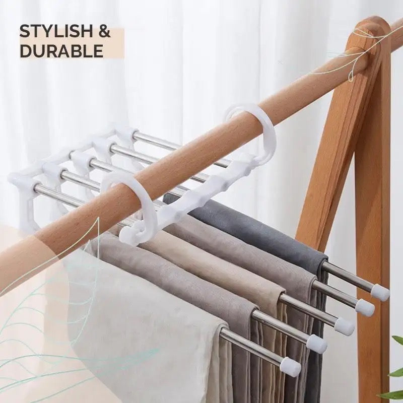 5 In 1 Magic Trouser Rack, Multifunctional Wardrobe Organizer, Multipurpose Clothes Hanger, Telescopic Steel Folding Pants Hanger, Multilayer Jeans Steel Hanger, Adjustable Pants Tie Storage Shelf, Stainless Steel Clothes Hanger