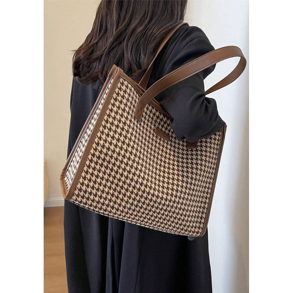 Shein - Houndstooth Pattern Large Tote Bag For Women