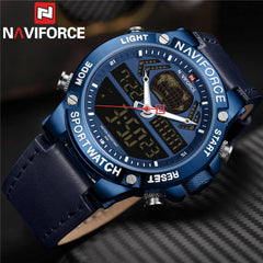 NAVIFORCE- Digital & Analog Sport Wristwatch Genuine Leather Wrist Watch With Brand Box - NF9164 Blue