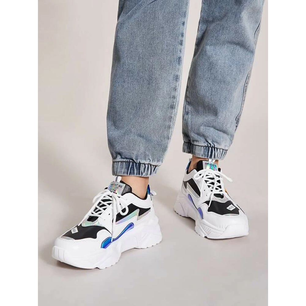 Shein - Letter Patch Decor Holographic Lace-Up Front Sneakers
