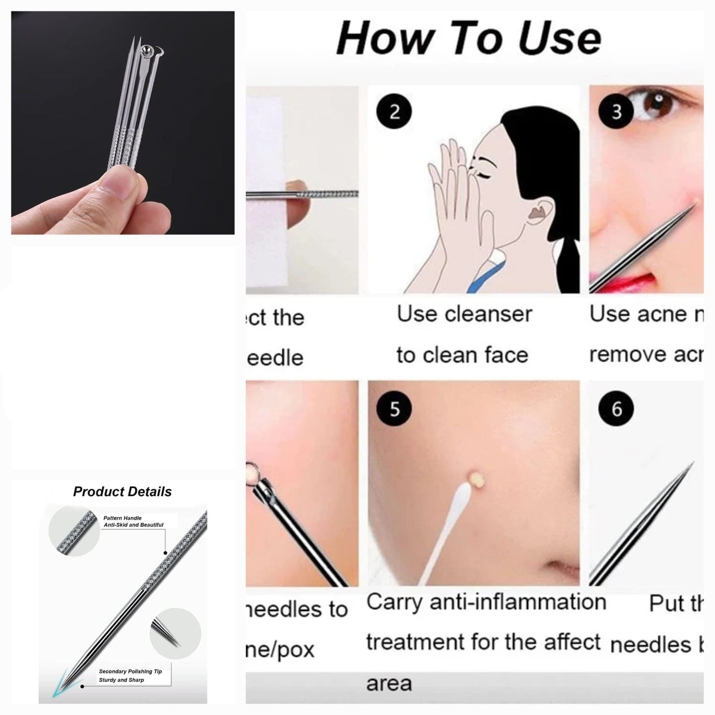 Set Of 4 Pimple Popper Needle, 4-In-1 Multifunctional Acne Needles, Blackhead Remover Tools, Spoon Face Skin Care Tools, Steel Blackhead Removal Kit, Women Beauty Acne Treatment Pore Cleanser Needle Hook, Comedone Extractor Remover Set for All Skin Types