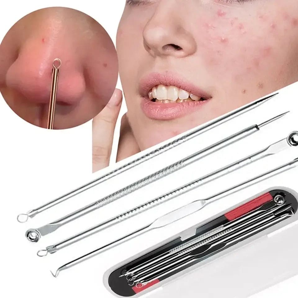 Set Of 4 Pimple Popper Needle, 4-In-1 Multifunctional Acne Needles, Blackhead Remover Tools, Spoon Face Skin Care Tools, Steel Blackhead Removal Kit, Women Beauty Acne Treatment Pore Cleanser Needle Hook, Comedone Extractor Remover Set for All Skin Types