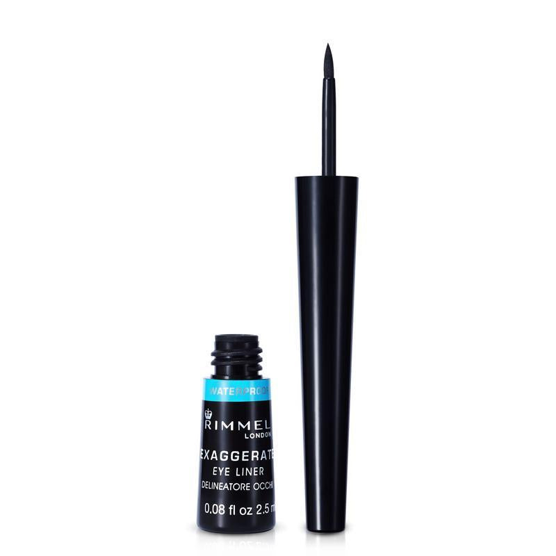 Rimmel London - Exaggerate Waterproof Liquid Eyeliner, Black. A black shade with a glossy finish.