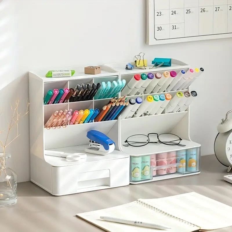 Slop Desktop Storage Box With Drawer, Classify Drawer Type Storage Box, 6 Compartment Multipurpose Organizer With Drawer, Rounded Corners Desk Stationary Organizer, Office School Inclines Desk Pen Organizer