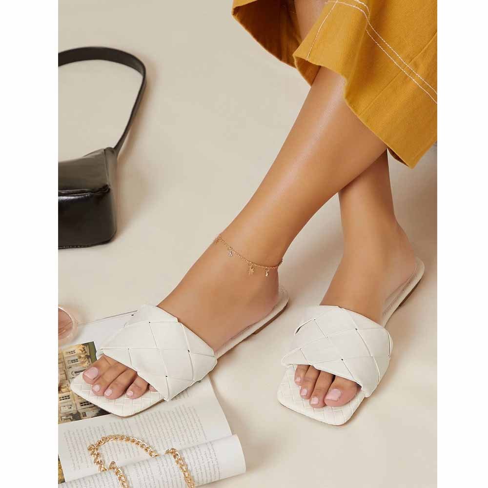 Shein- Basketwoven Faux Leather Slide Sandals- White