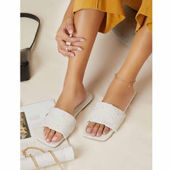 Shein- Basketwoven Faux Leather Slide Sandals- White