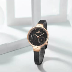NAVIFORCE- NF5001 Waterproof Elegant Women Wrist Watch Genuine Leather Strap Quartz Watch - Gold Black