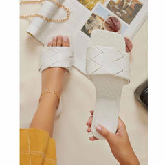 Shein- Basketwoven Faux Leather Slide Sandals- White
