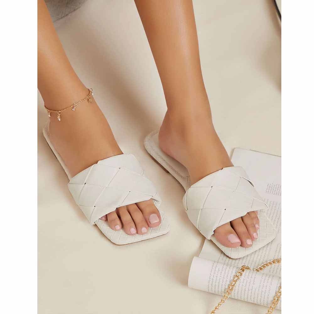 Shein- Basketwoven Faux Leather Slide Sandals- White