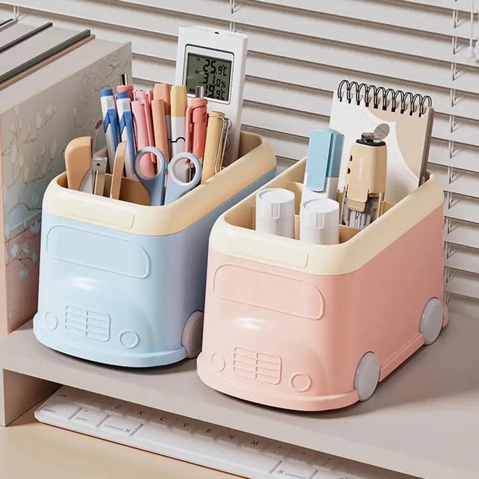 3 Compartment Van Desktop Organizer, Desk Organizer Storage Bucket, Cute Student Stationery Holder, Multifunctional Stationery Pencil Organizer, Large Capacity Desktop Storage Box, Cute Desktop Decoration Accessories