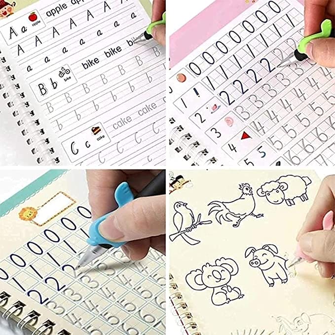 Set of 4 Child Learning Book, Writing Practice Copy Books, Magic Practice Copy Book For Kids, Handwriting Copy Book Set With Magic Pen, Children Reusable Workbook, Tracing Workbook with Pens