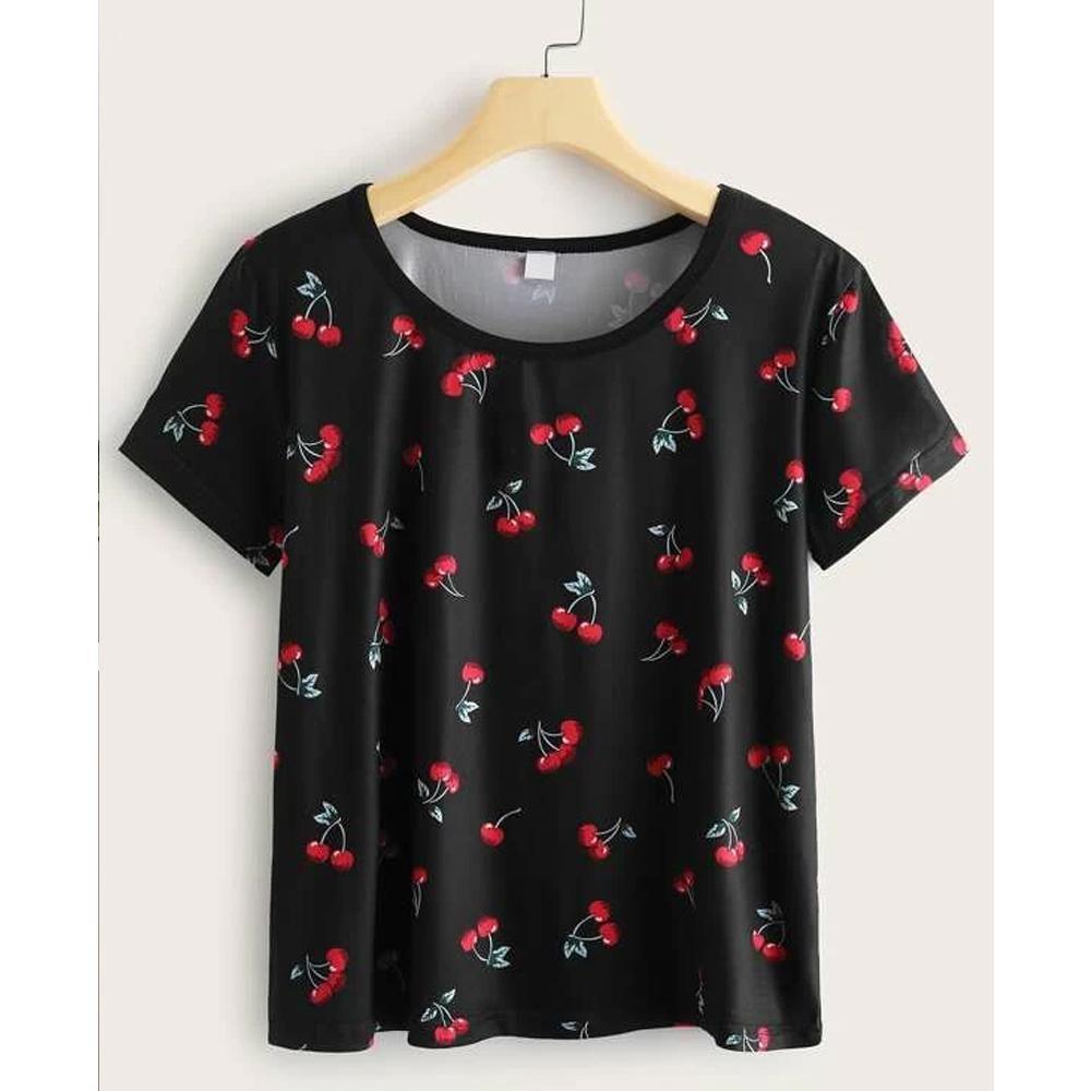 Shein- Round Neck T-Shirt With Cherry Print