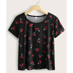 Shein- Round Neck T-Shirt With Cherry Print
