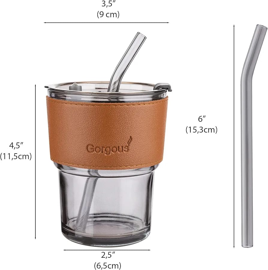 400ml Plastic Coffee Cup With Straw, Bamboo Shaped Glass Cup With Leather Cover, Double Wall Insulated Glass Cup