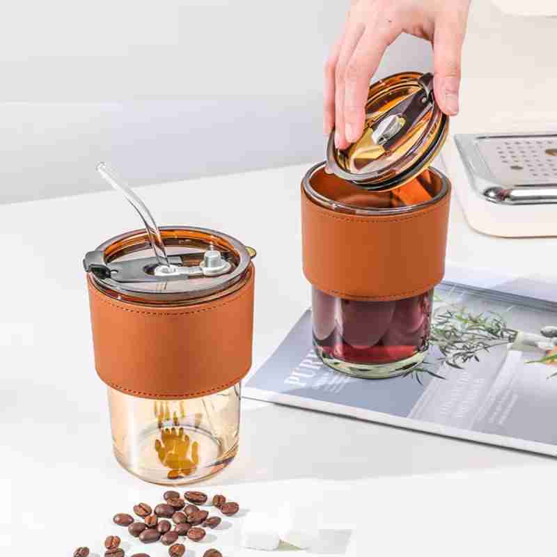 400ml Plastic Coffee Cup With Straw, Bamboo Shaped Glass Cup With Leather Cover, Double Wall Insulated Glass Cup