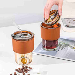 400ml Plastic Coffee Cup With Straw, Bamboo Shaped Glass Cup With Leather Cover, Double Wall Insulated Glass Cup